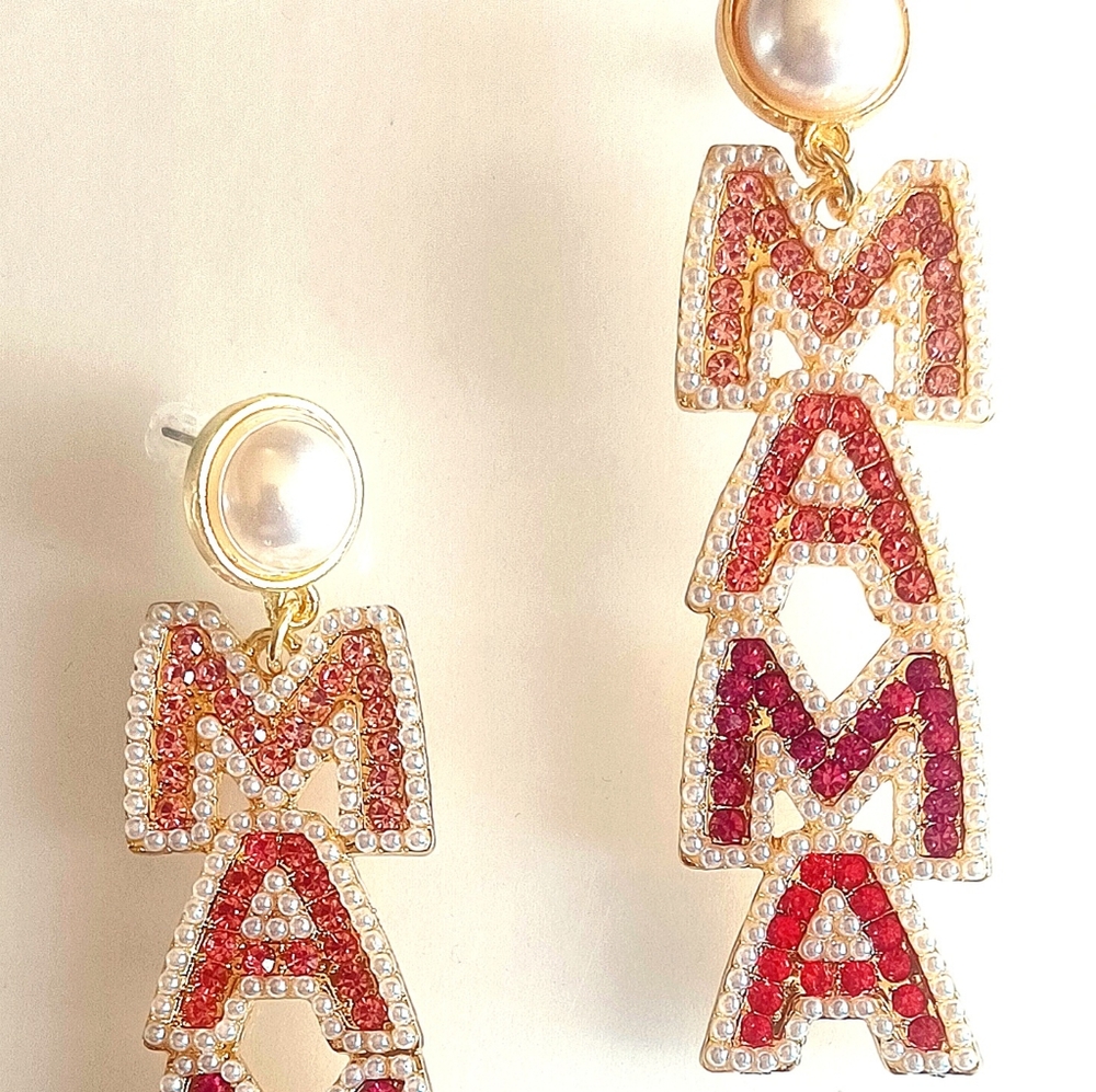 MAMA Bling Drop Rhinestone & Pearl Pink Ombre Statement Earrings